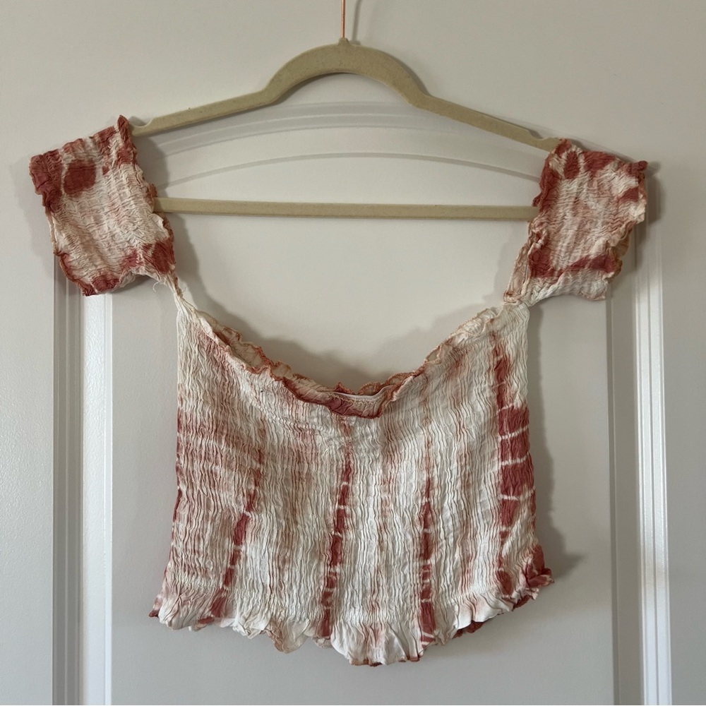 Pink and White Smocked Puff Sleeve Crop Blouse